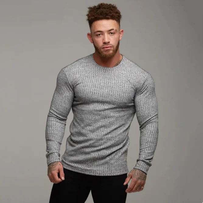 New Sports Bottoming Shirt Men's Fitness Casual Men's Slim Knit Sweater Long-Sleeved T-Shirt